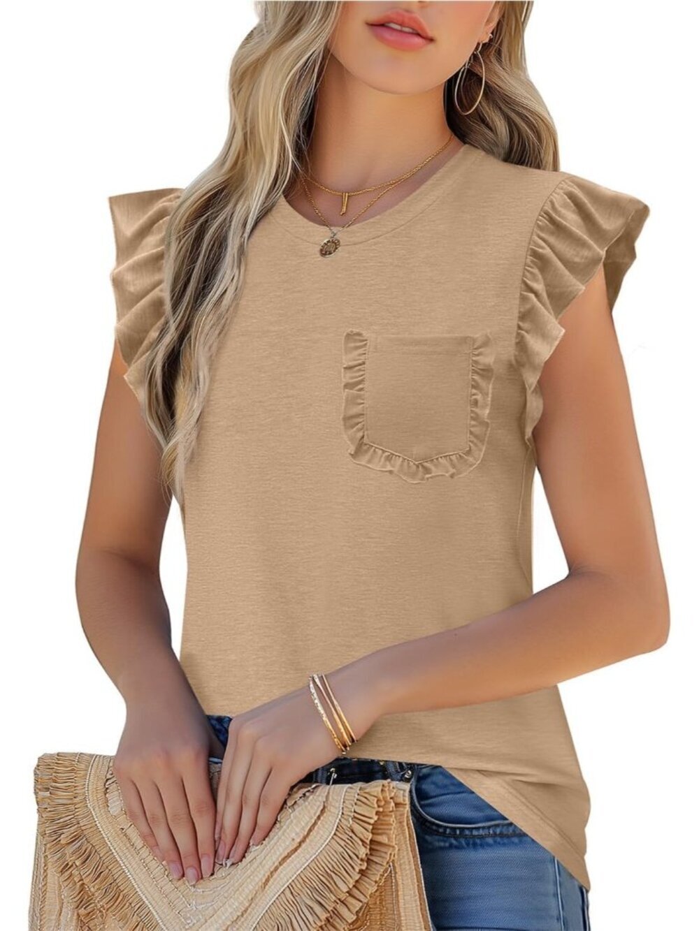 Women's T-Shirt Apricot Ruffle Short Sleeve Crew Neck Casual Blouses with Pocket